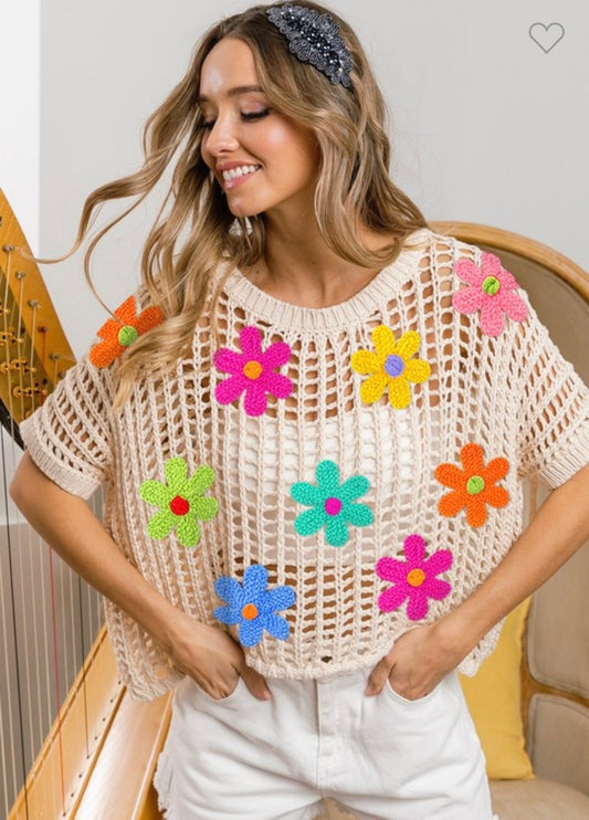 Short Sleeve Crochet Flower Sweater